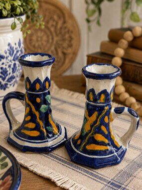 VTG Mexican Talavera Pottery Candlestick Holders Pair Handmade Blue Yellow